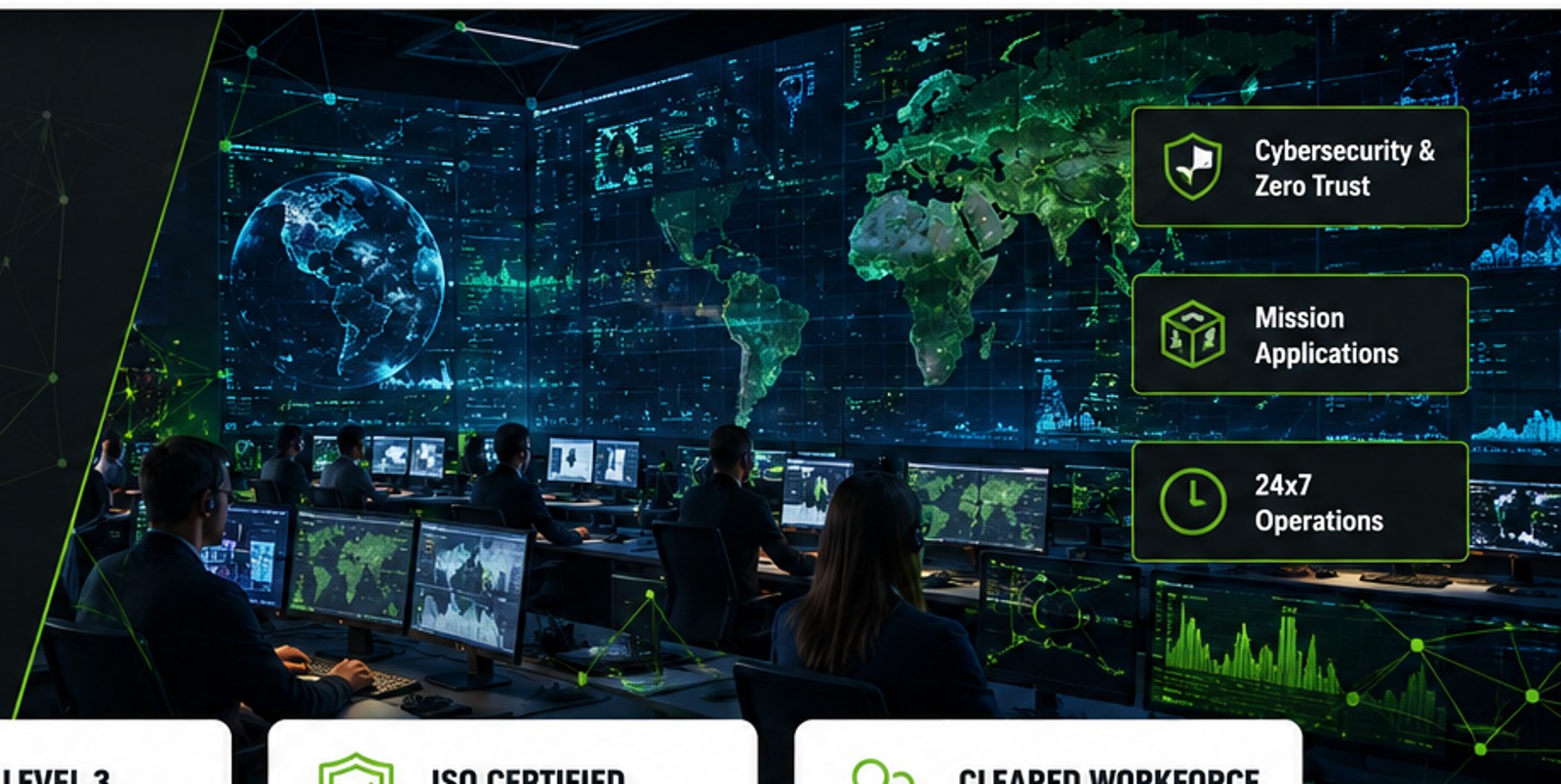 Mission operations center with global data displays